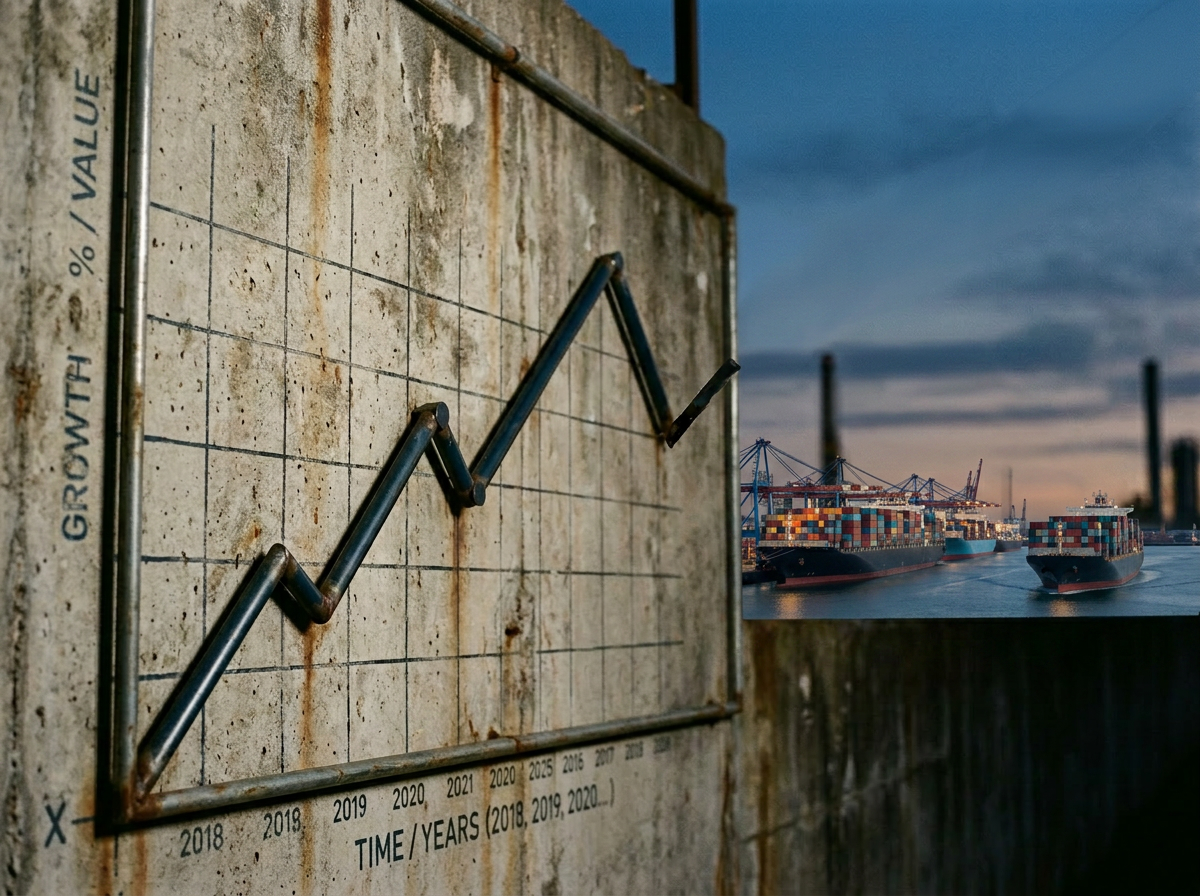Metal growth chart showing percentage value over years embedded in concrete wall with barbed wire fence